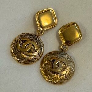 CHANEL Vintage Gold Logo Drop Medallion Earrings